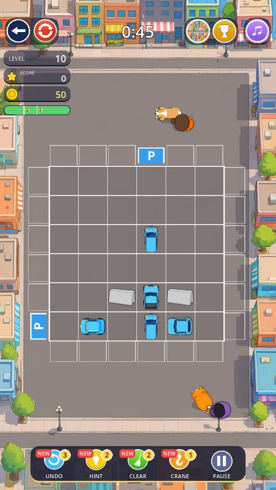 A parking puzzle level with cars, barriers and a countdown timer